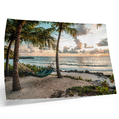 Poster retro Palmieri tropicali pe plajă, hamac, oază de relaxare