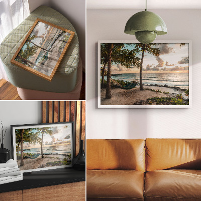 Poster retro Palmieri tropicali pe plajă, hamac, oază de relaxare