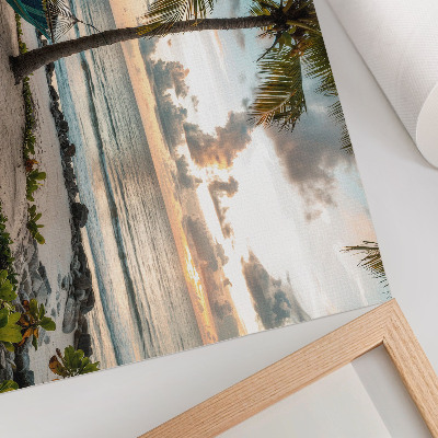 Poster retro Palmieri tropicali pe plajă, hamac, oază de relaxare