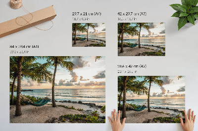 Poster retro Palmieri tropicali pe plajă, hamac, oază de relaxare