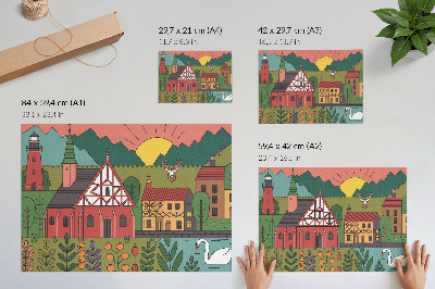 Poster Case colorate munți cerb lebădă peisaj verde