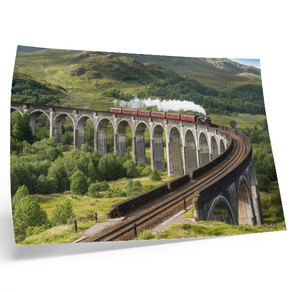 Poster retro Un viaduct cu un tren printre dealuri verzi