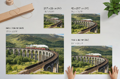Poster retro Un viaduct cu un tren printre dealuri verzi