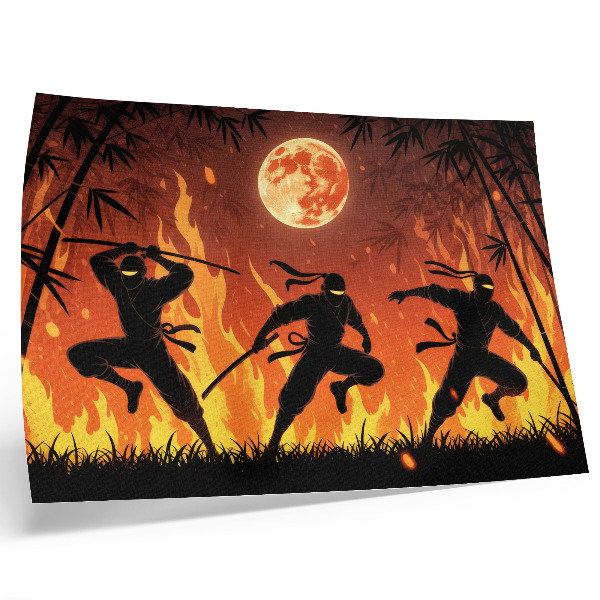 Poster retro Scenă nocturnă energică cu ninja și flăcări