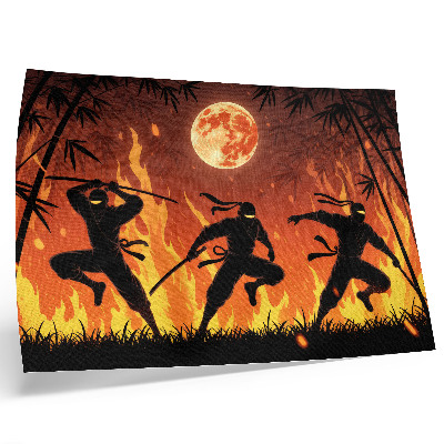 Poster retro Scenă nocturnă energică cu ninja și flăcări
