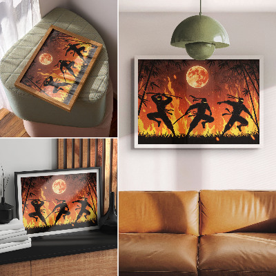 Poster retro Scenă nocturnă energică cu ninja și flăcări