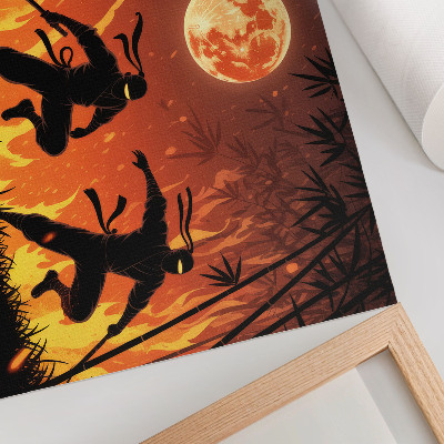 Poster retro Scenă nocturnă energică cu ninja și flăcări