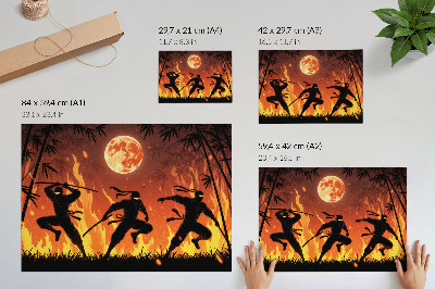 Poster retro Scenă nocturnă energică cu ninja și flăcări