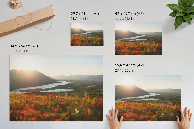 Poster pentru perete Flori, munți, râu, apus de soare, atmosferă liniștită