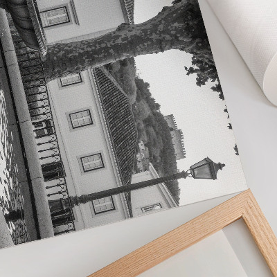 Poster retro Fântână alb-negru clădiri clasice castel