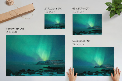 Poster retro Auroră verde, lumini strălucitoare, suprafață calmă