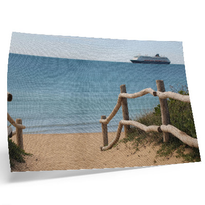 Poster Plajă navă mare balustrade din lemn nisip