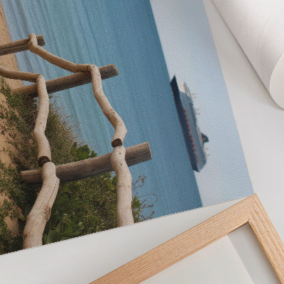 Poster Plajă navă mare balustrade din lemn nisip