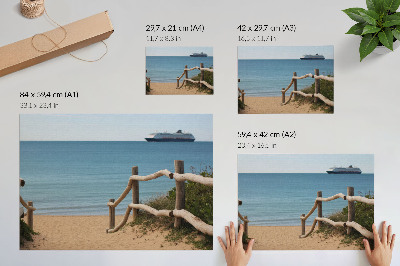 Poster Plajă navă mare balustrade din lemn nisip