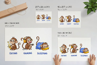 Poster Ilustrații amuzante cu o maimuță care mănâncă, se joacă și doarme