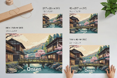 Poster retro Peisaj cu arhitectură japoneză și cireși