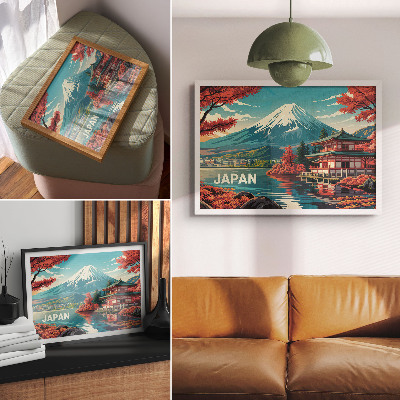 Poster retro Peisaj japonez plin de culori, lac, munte