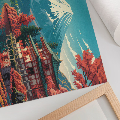 Poster retro Peisaj japonez plin de culori, lac, munte