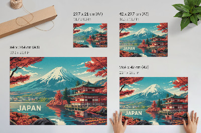 Poster retro Peisaj japonez plin de culori, lac, munte