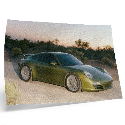 Poster retro Apus de soare în deșert verde cu mașini sport