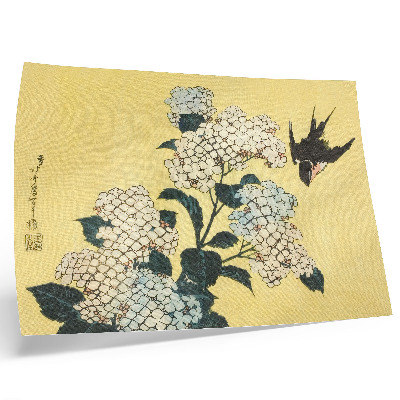 Poster retro Hortensia și rândunica (1833) - o xilogravură color de Hokusai