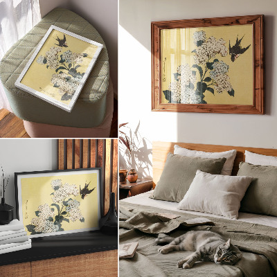 Poster retro Hortensia și rândunica (1833) - o xilogravură color de Hokusai