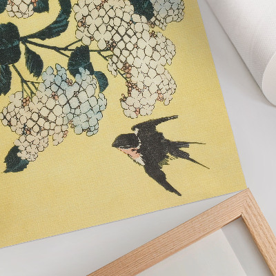 Poster retro Hortensia și rândunica (1833) - o xilogravură color de Hokusai