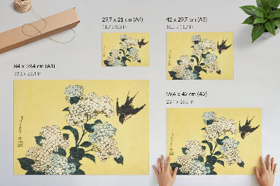 Poster retro Hortensia și rândunica (1833) - o xilogravură color de Hokusai
