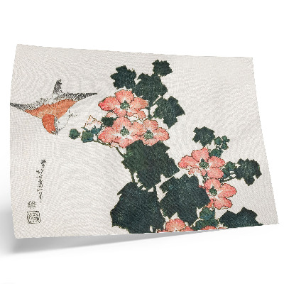 Poster Trandafiri roșii și o pasăre de Katsushiki Hokusai (1760–1849), gravură japoneză de epocă pe lemn