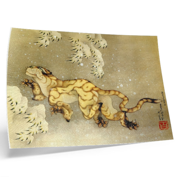 Poster retro Katsushika Hokusai (1760–1849), Tigru în zăpadă. Sul suspendat, cerneală și culoare pe mătase, 1849