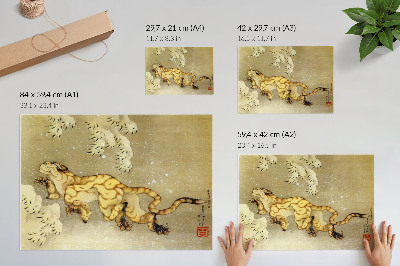 Poster retro Katsushika Hokusai (1760–1849), Tigru în zăpadă. Sul suspendat, cerneală și culoare pe mătase, 1849