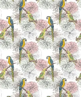 Stor geam interior cu papagali pe o creangă