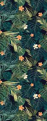 Stor geam interior cu frunze și flori tropicale