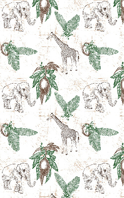 Stor geam interior cu girafe, elefanți și frunze