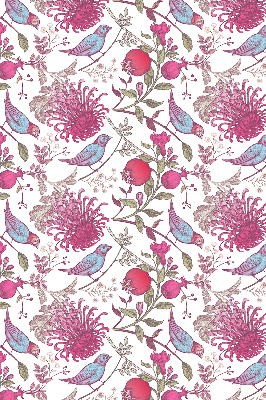 Stor geam interior cu păsări colorate printre flori