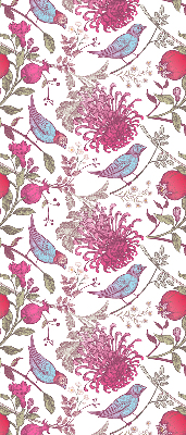 Stor geam interior cu păsări colorate printre flori