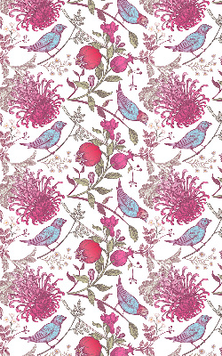 Stor geam interior cu păsări colorate printre flori
