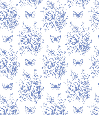 Stor geam interior cu flori albastre și fluturi