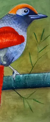 Stor geam interior o pasăre pe o creangă