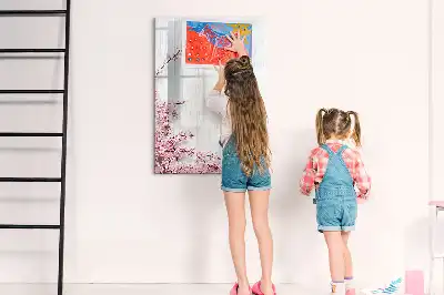 Tablă magnetică de scris decorată cu motiv floral pe lemn