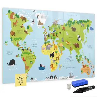 Tablă magnetică cu ștergere uscată cu model Harta lumii cu animale
