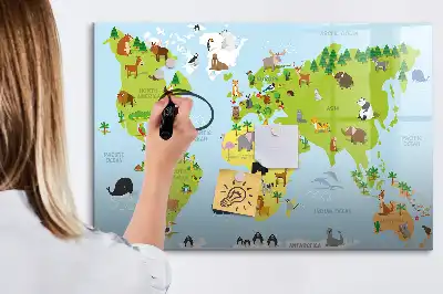 Tablă magnetică cu ștergere uscată cu model Harta lumii cu animale