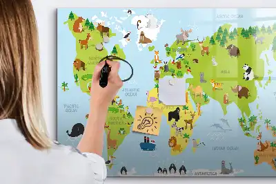 Tablă magnetică cu ștergere uscată cu model Harta lumii cu animale