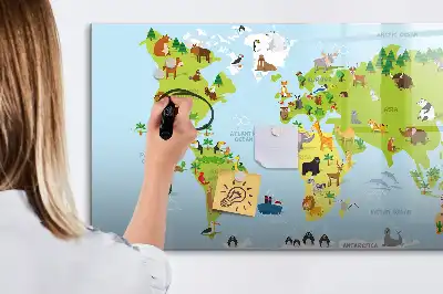 Tablă magnetică cu ștergere uscată cu model Harta lumii cu animale