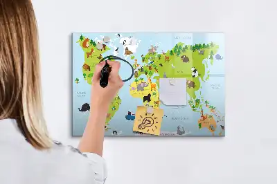 Tablă magnetică cu ștergere uscată cu model Harta lumii cu animale