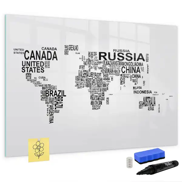 Tablă magnetică cu ștergere uscată cu model continente din litere
