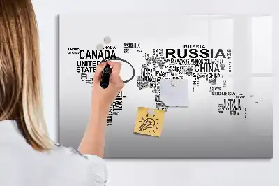 Tablă magnetică cu ștergere uscată cu model continente din litere