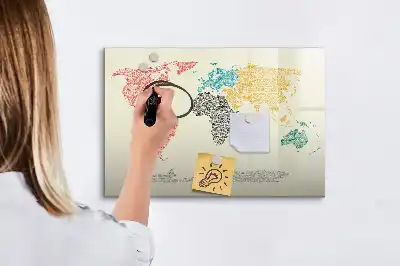 Tablă magnetică cu ștergere uscată cu hartă a lumii din litere
