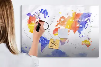 Tablă magnetică cu ștergere uscată harta lumii în acuarelă