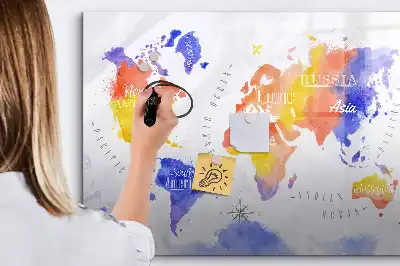 Tablă magnetică cu ștergere uscată harta lumii în acuarelă